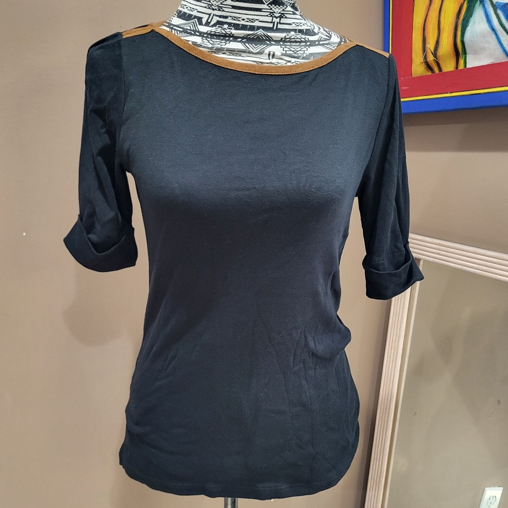 Lauren Ralph Lauren Black Suede Trim Short Sleeve Shirt Size M